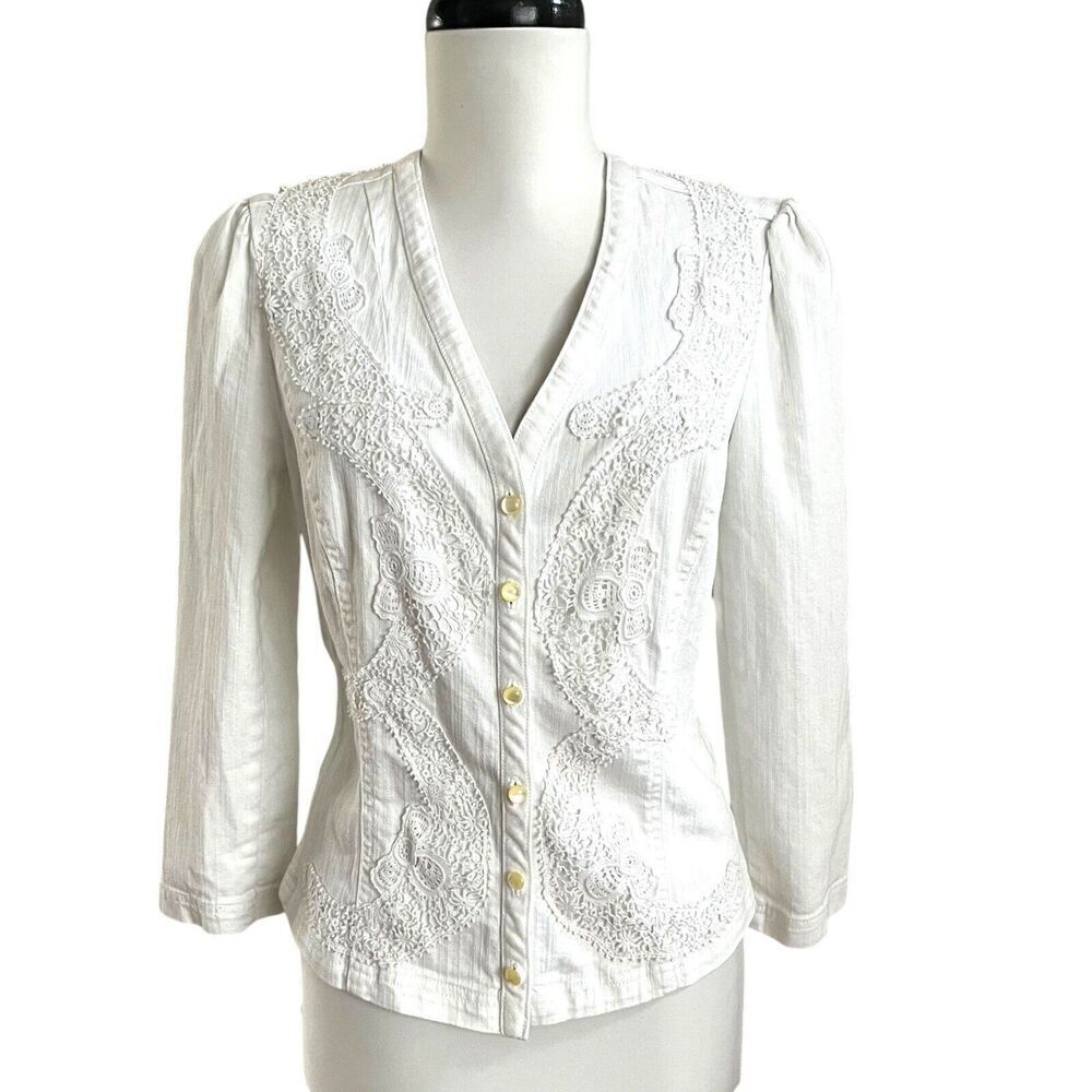 CHAPS Ralph Lauren Lace Denim Jacket S White Cottagecore